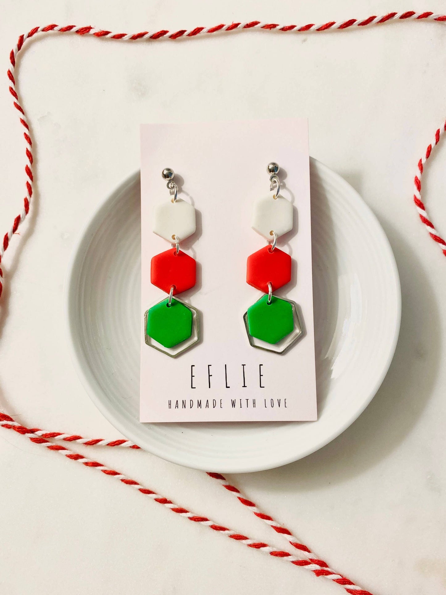 Christmas Dangling Statement Earrings in Red & Green Clay: Silver