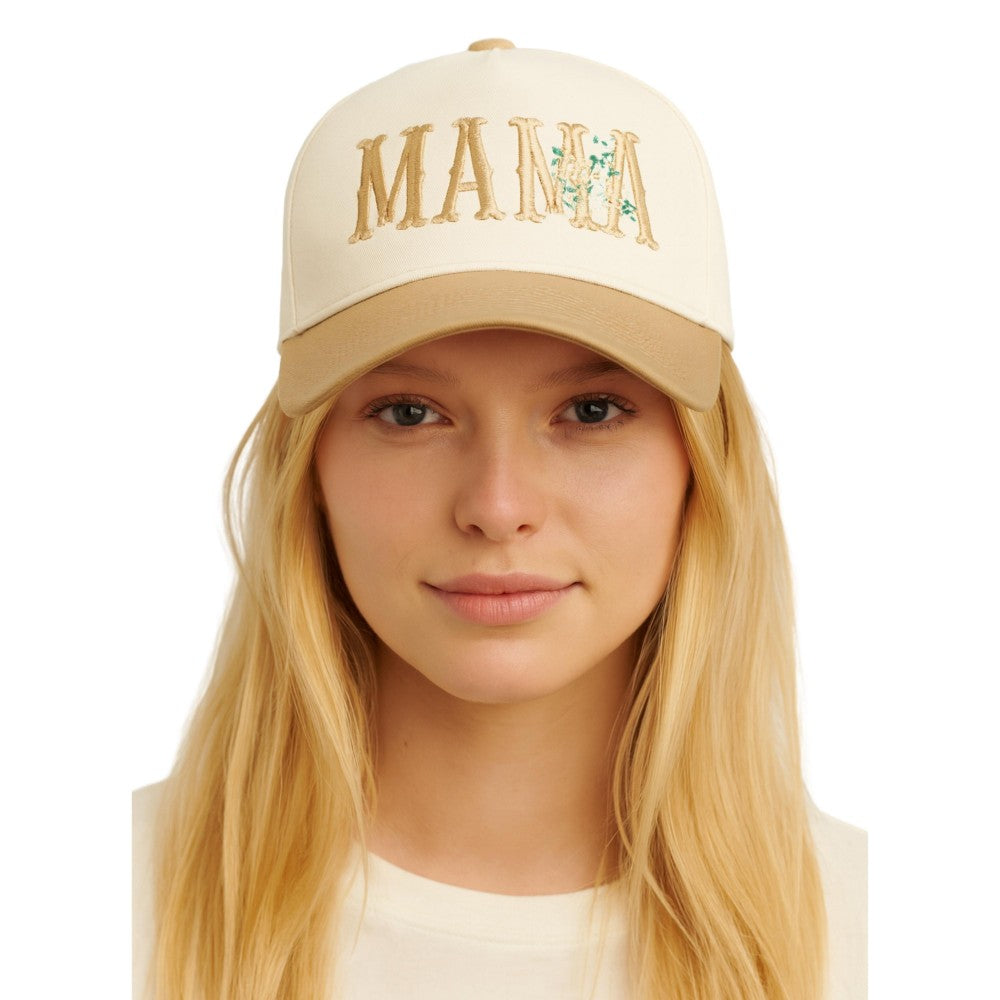 mama embroidered floral baseball cap in beige