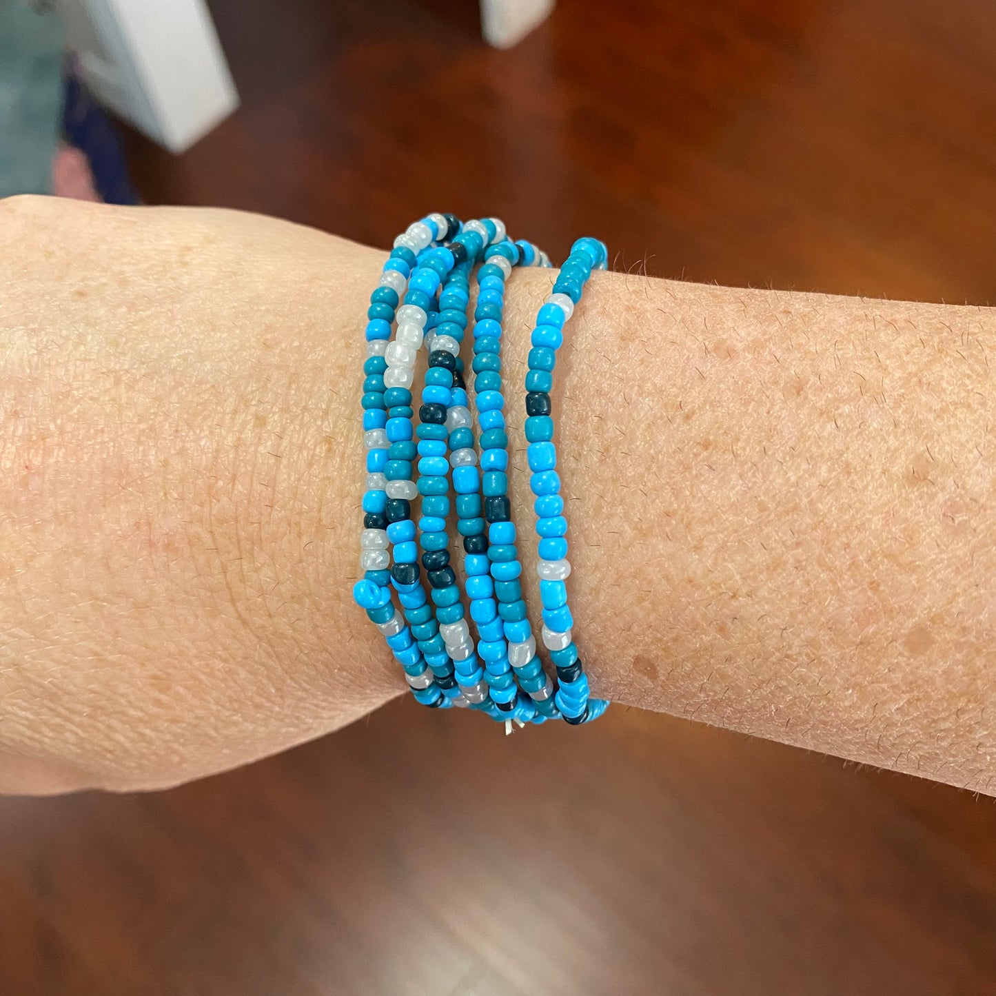 blue seed bead stack
