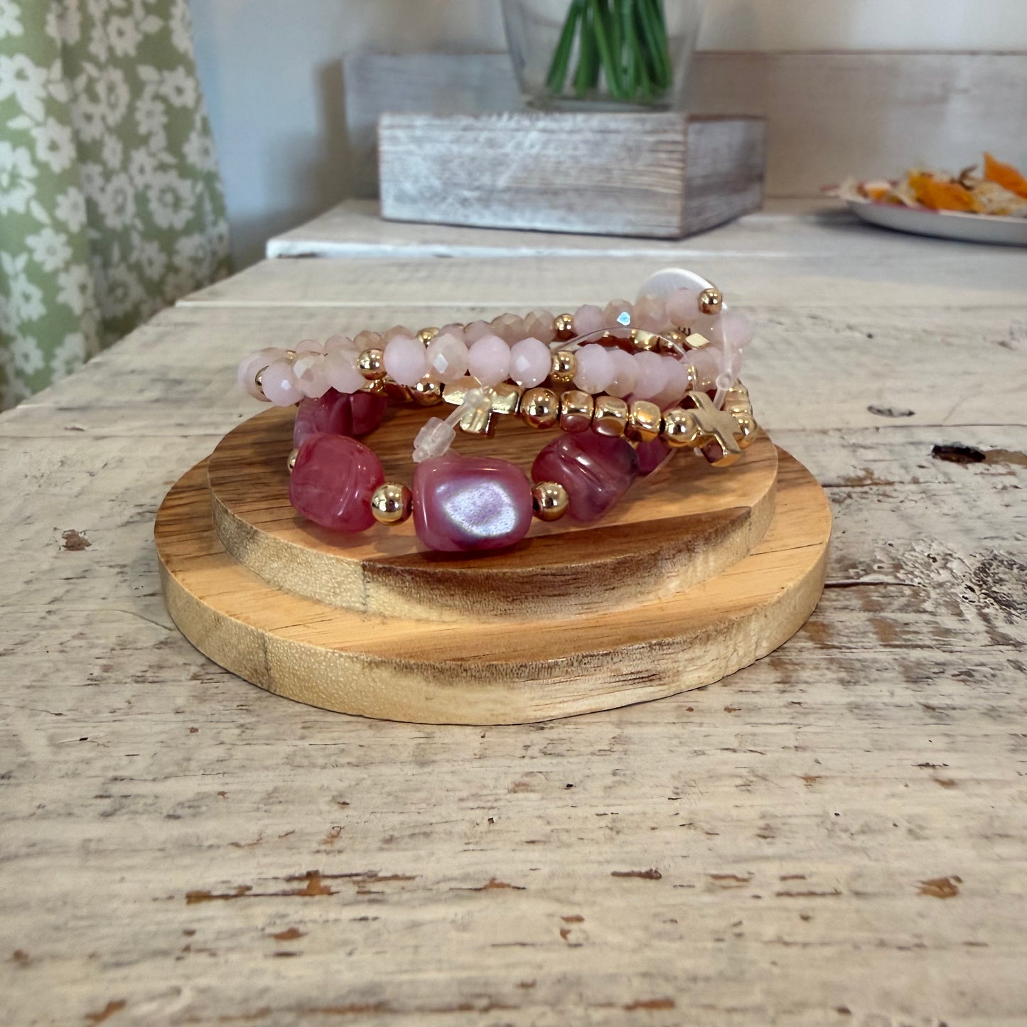 set of 3 beaded bracelet stack in sangria