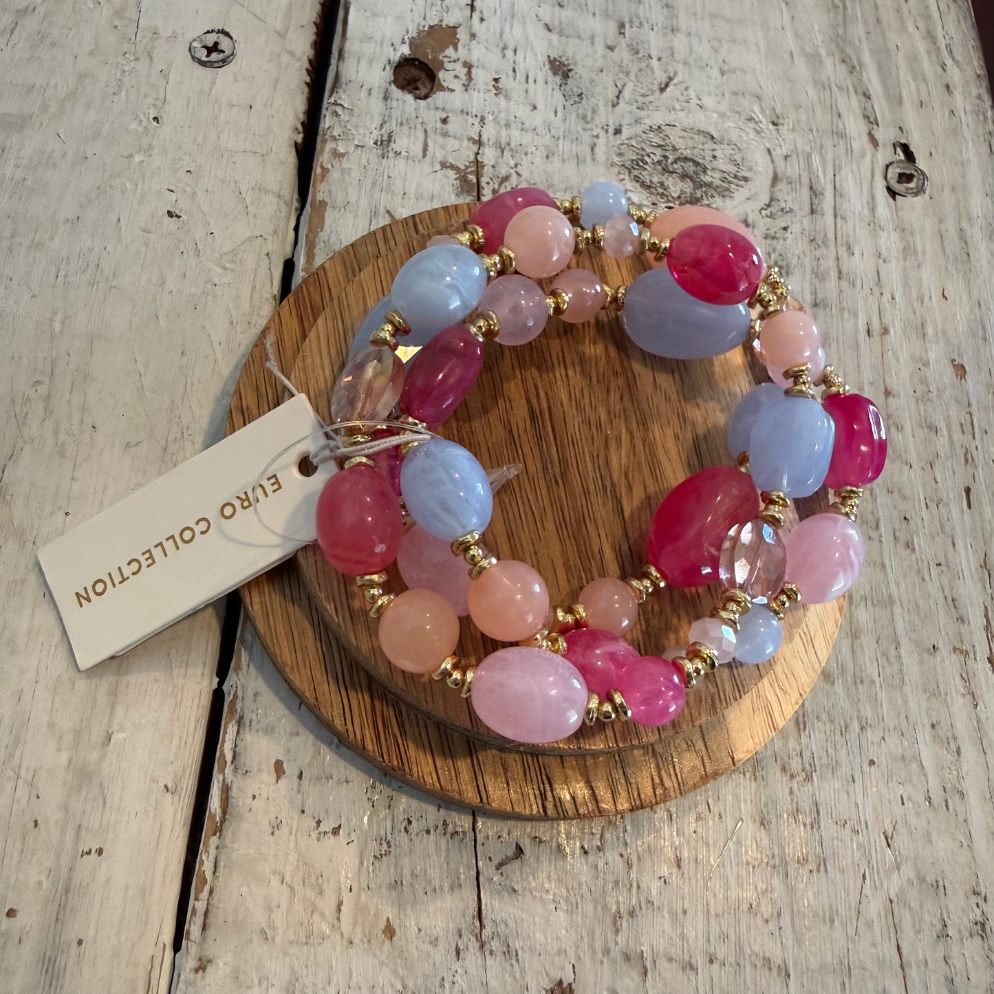 set Of 3 acetate bead bracelet stack in pink & periwinkle