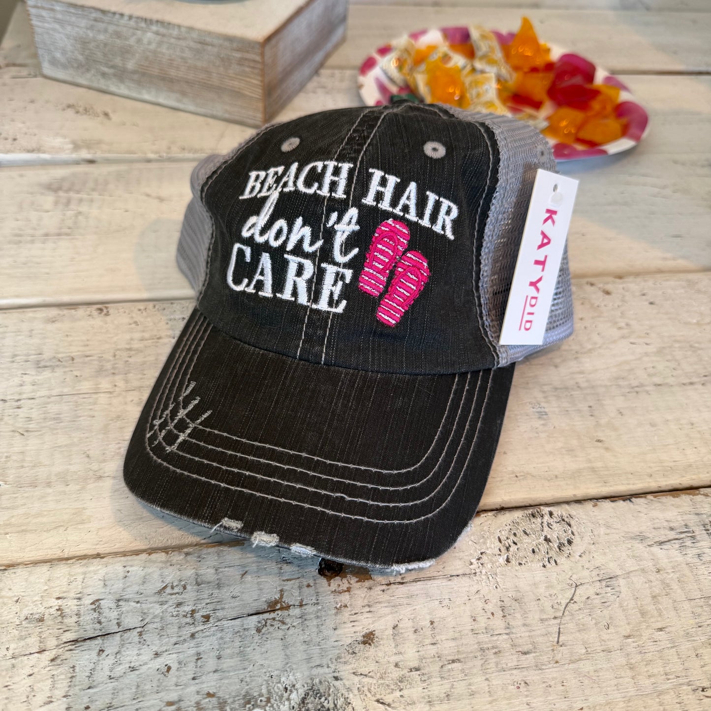 beach hair don't care baseball cap flip flops
