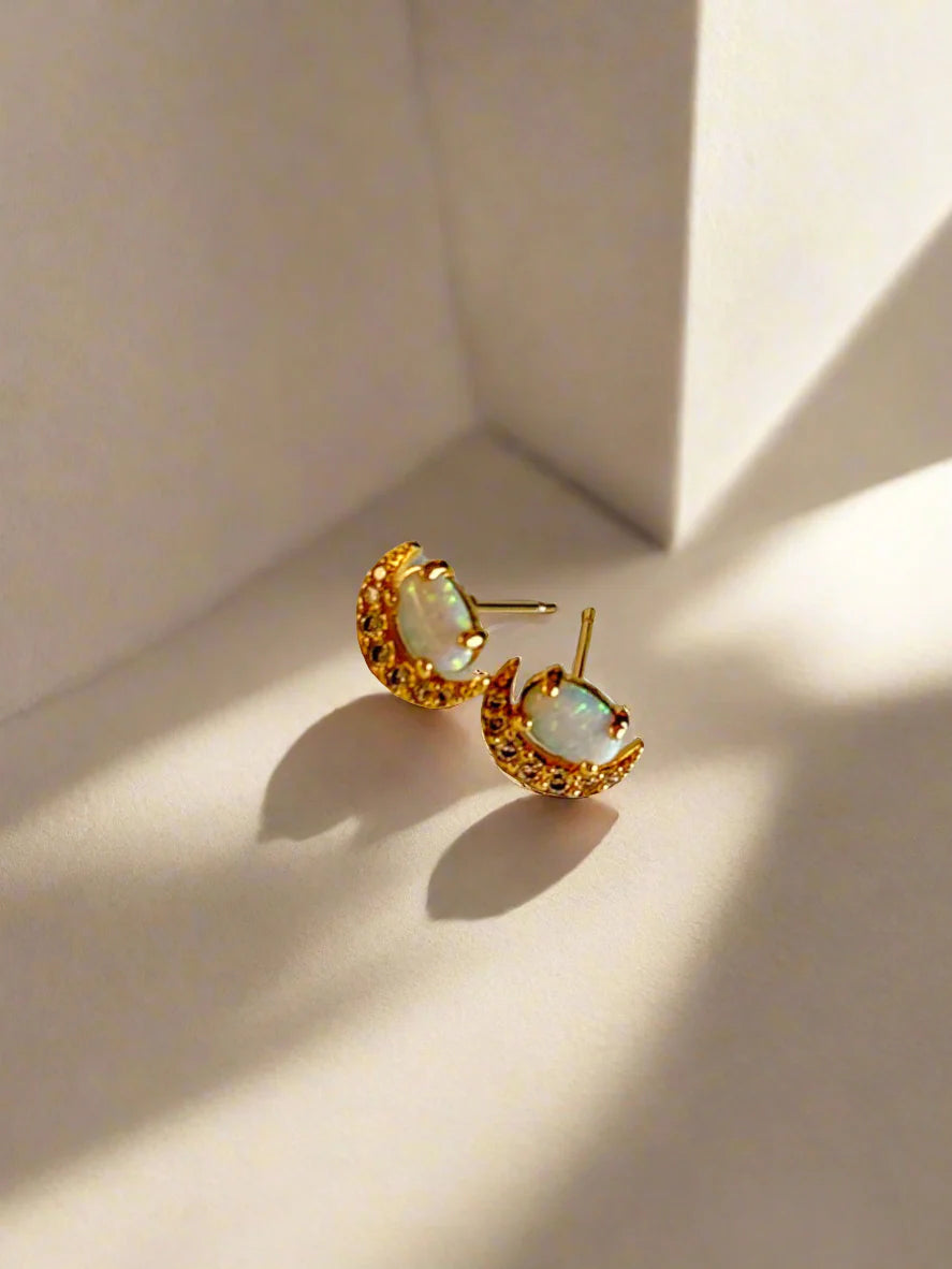 opal crecsant moon studs