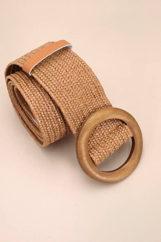 brown wooden buckle rattan stretch belt