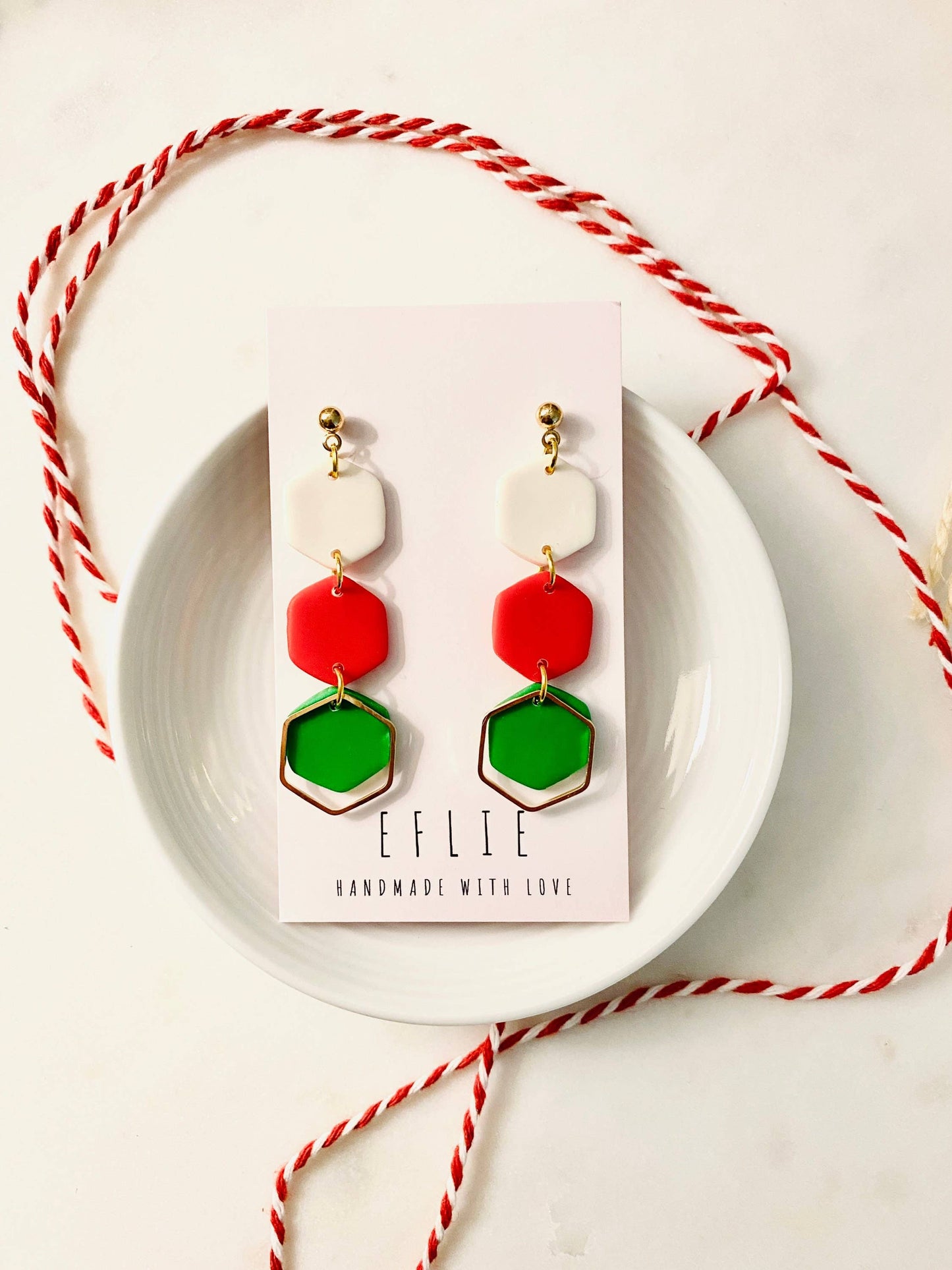 Christmas Dangling Statement Earrings in Red & Green Clay: Silver