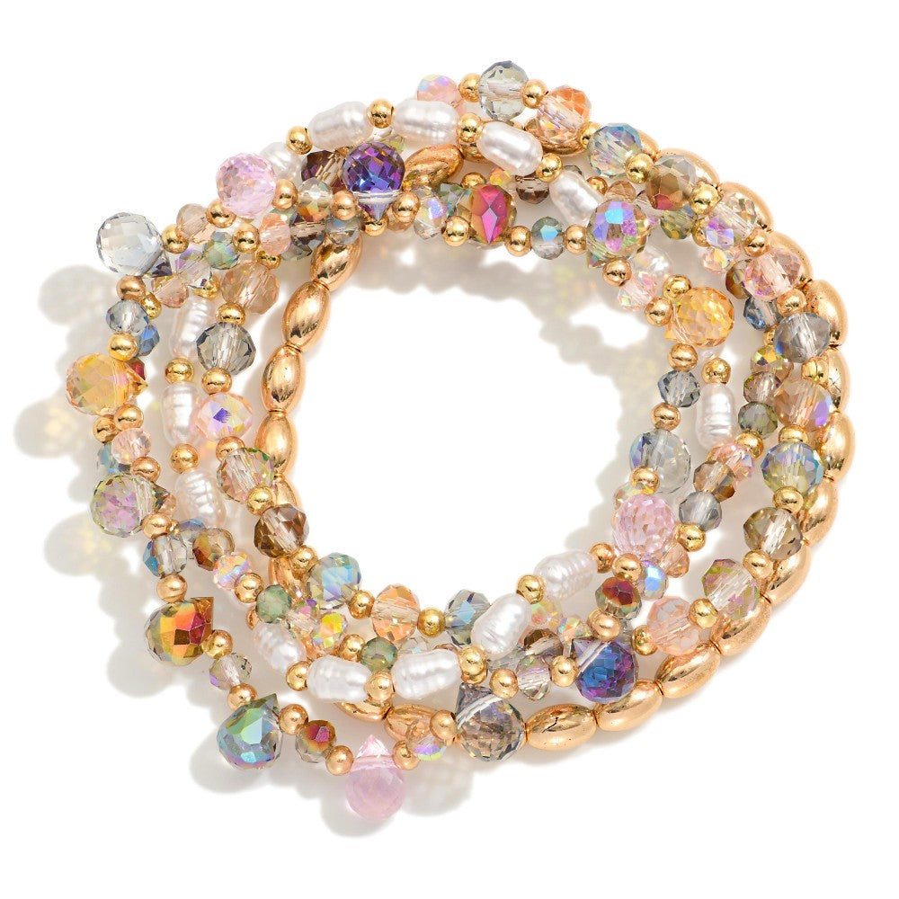 Set Of Five Beaded Stretch Bracelets Featuring Pearls, Metal Tones & Glass Crystal