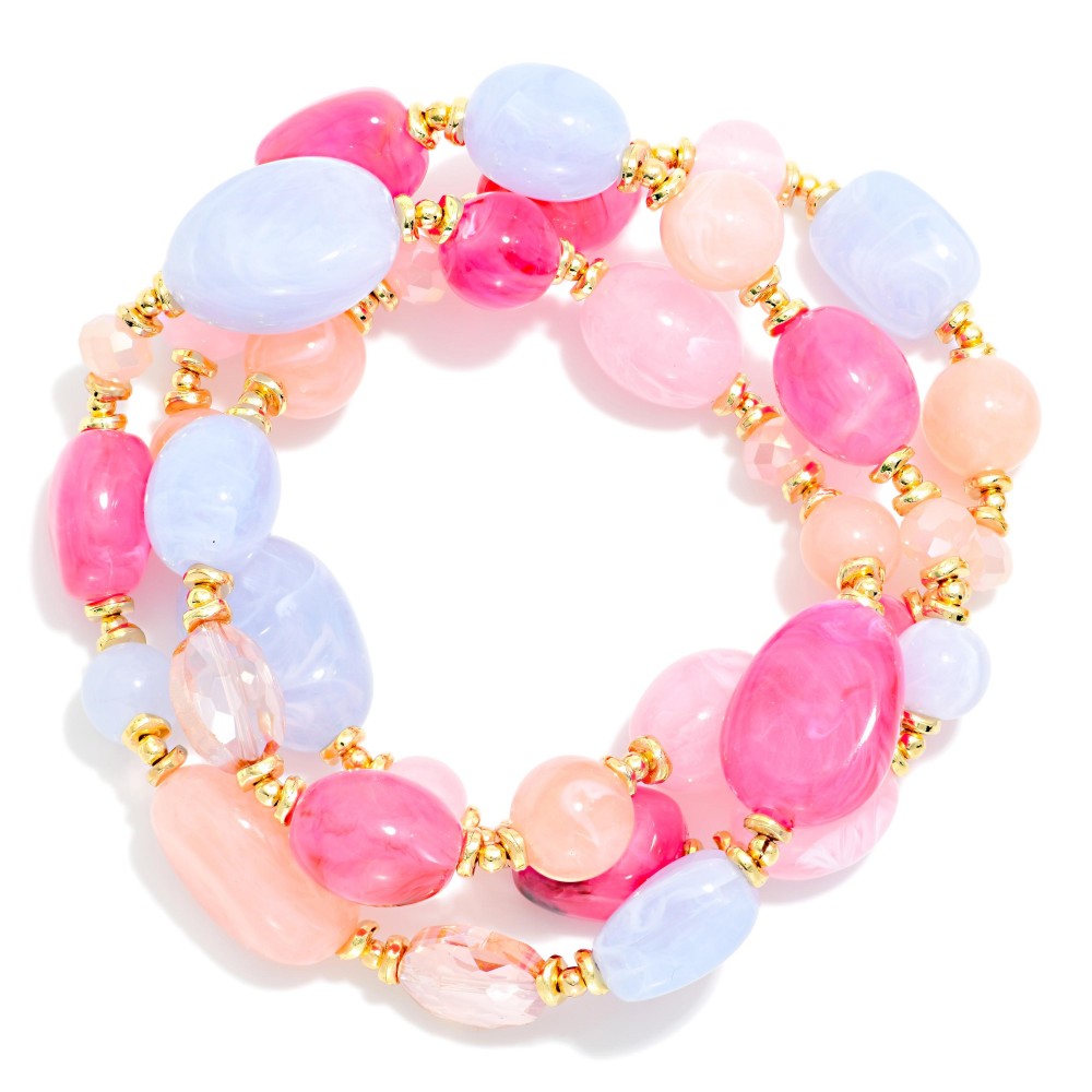 set Of 3 acetate bead bracelet stack in pink & periwinkle