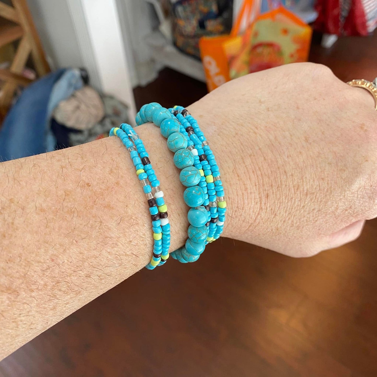 blue turquoise seed bead stack