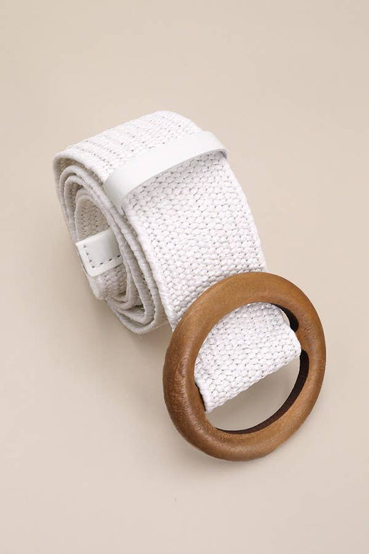 white wooden buckle woven rattan stretch belt