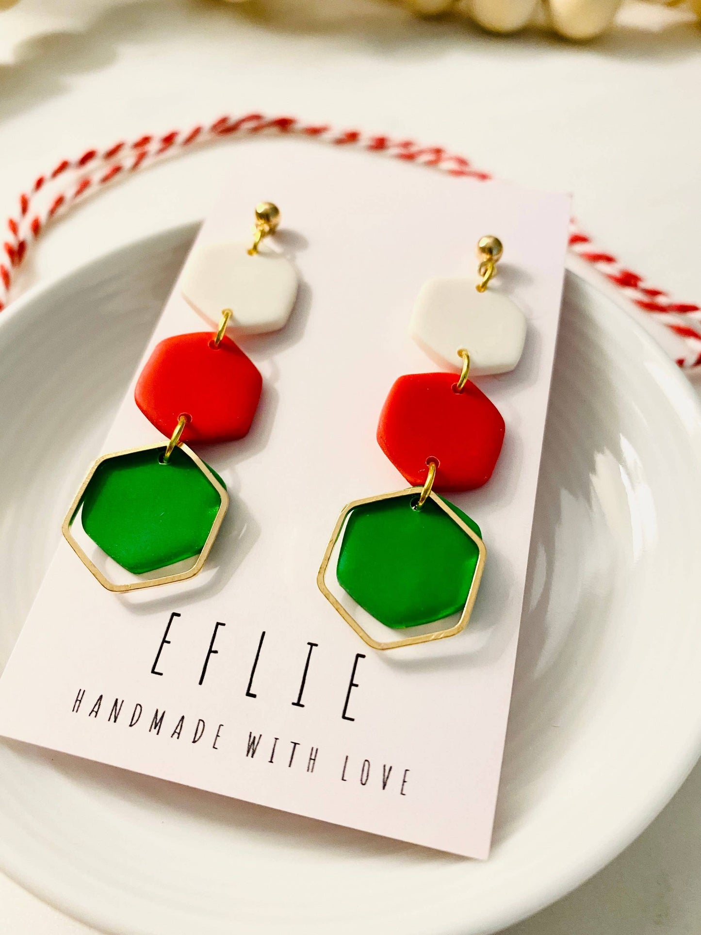 Christmas Dangling Statement Earrings in Red & Green Clay: Silver