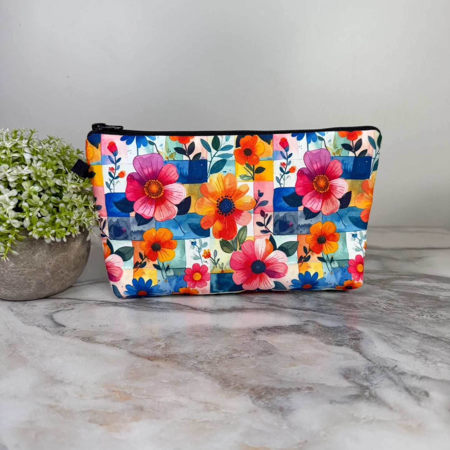 bright floral checkered pouch