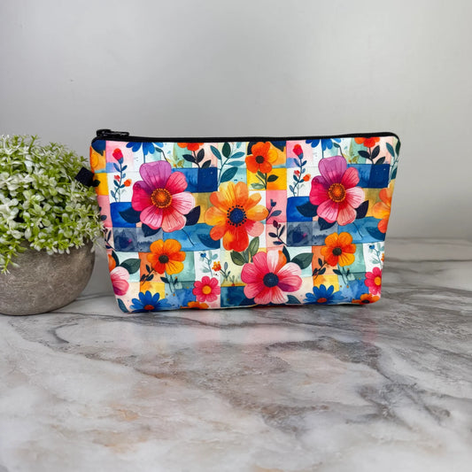 bright floral checkered pouch