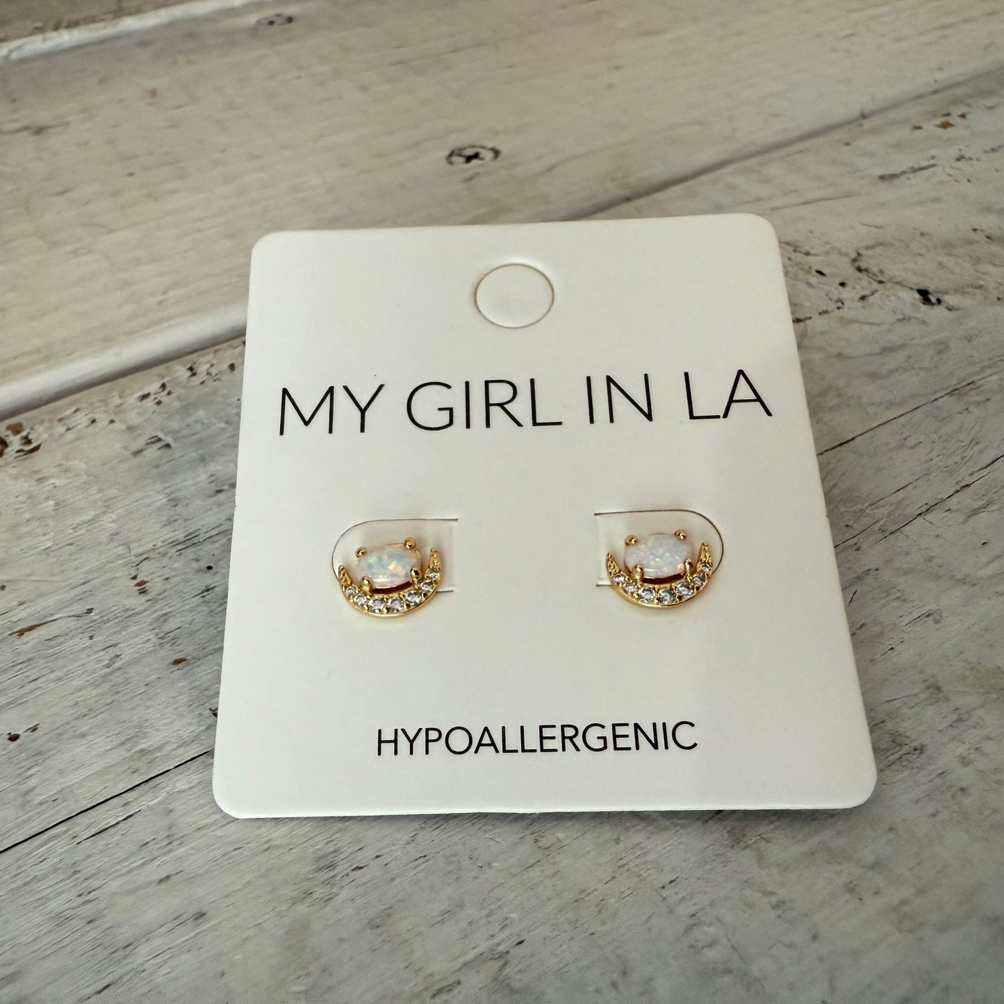 opal crecsant moon studs