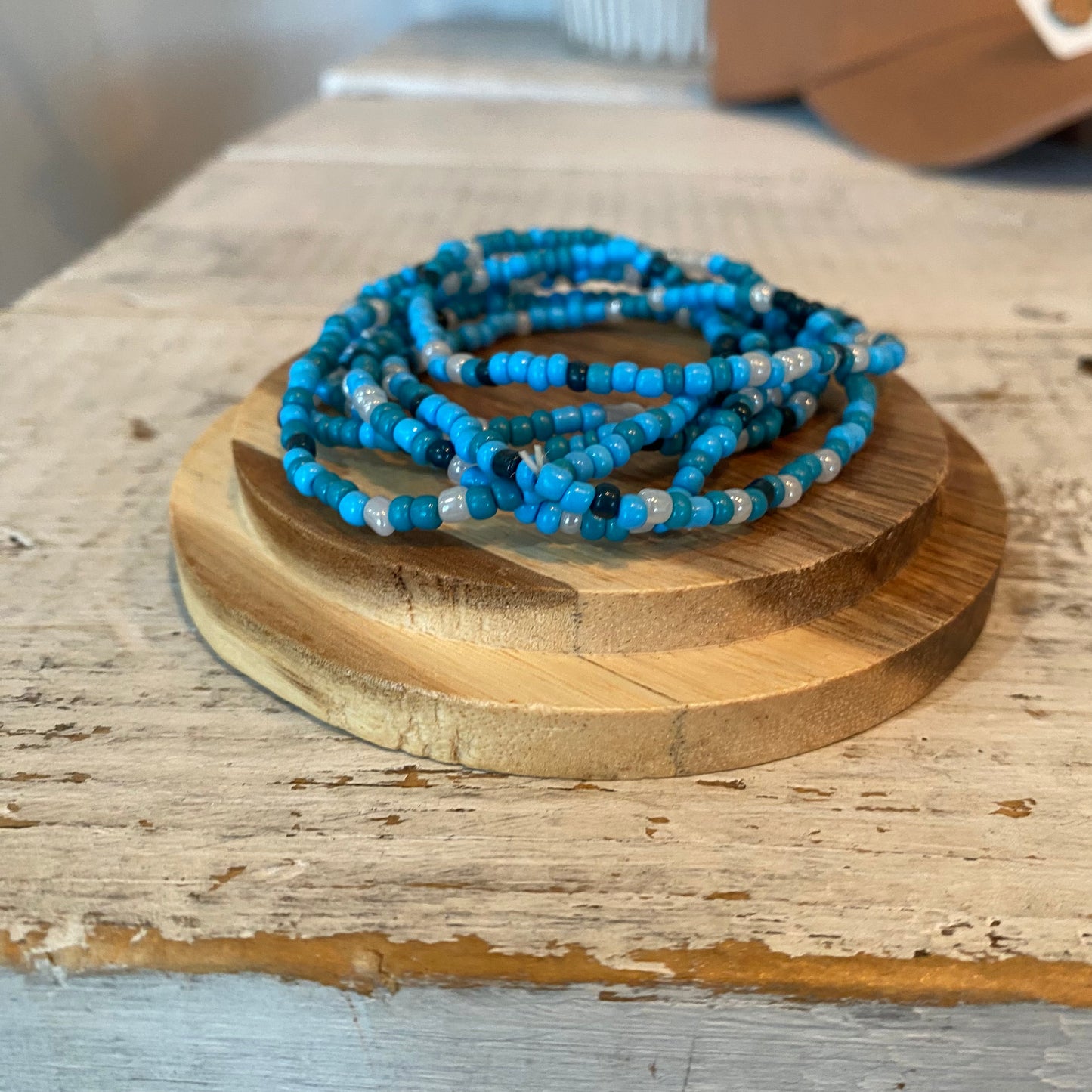 blue seed bead stack