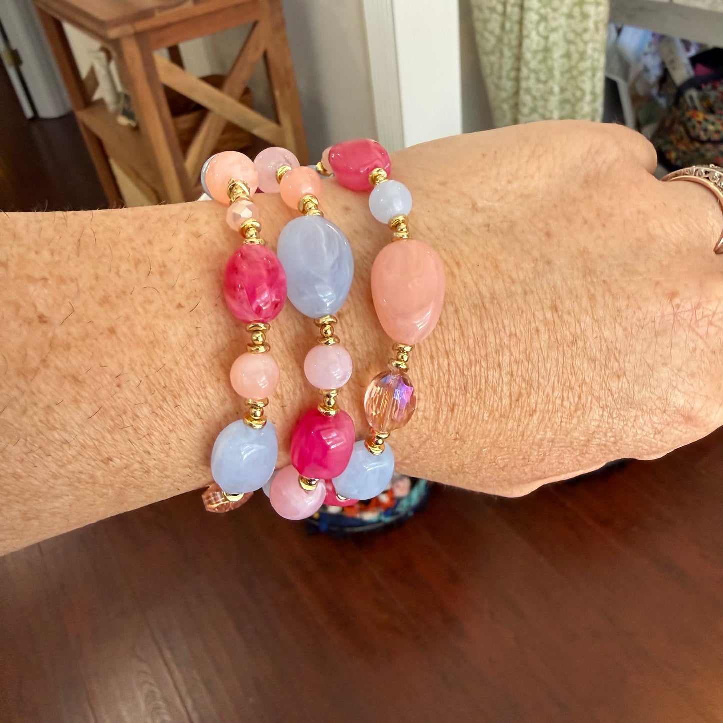 set Of 3 acetate bead bracelet stack in pink & periwinkle