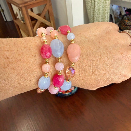 set Of 3 acetate bead bracelet stack in pink & periwinkle