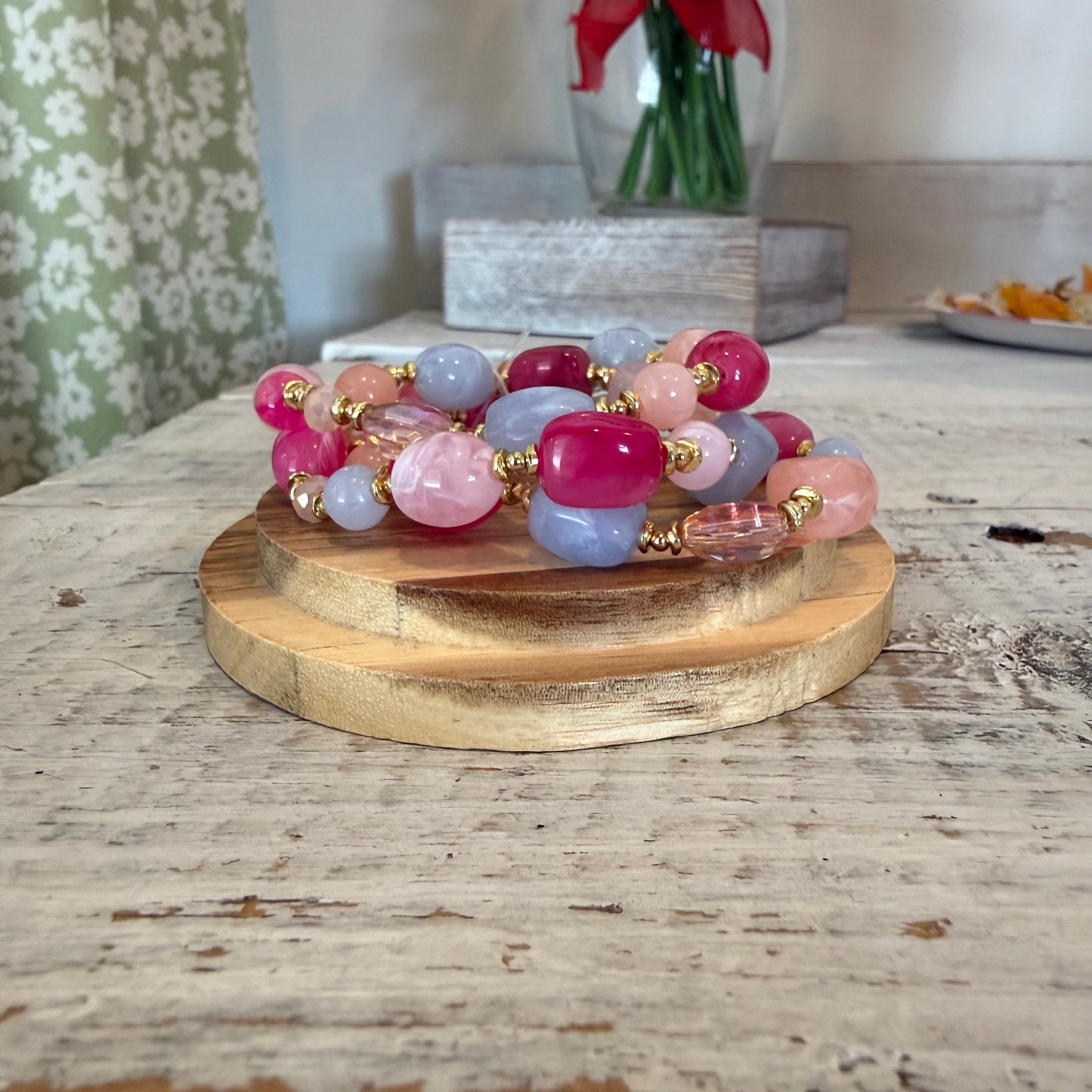 set Of 3 acetate bead bracelet stack in pink & periwinkle