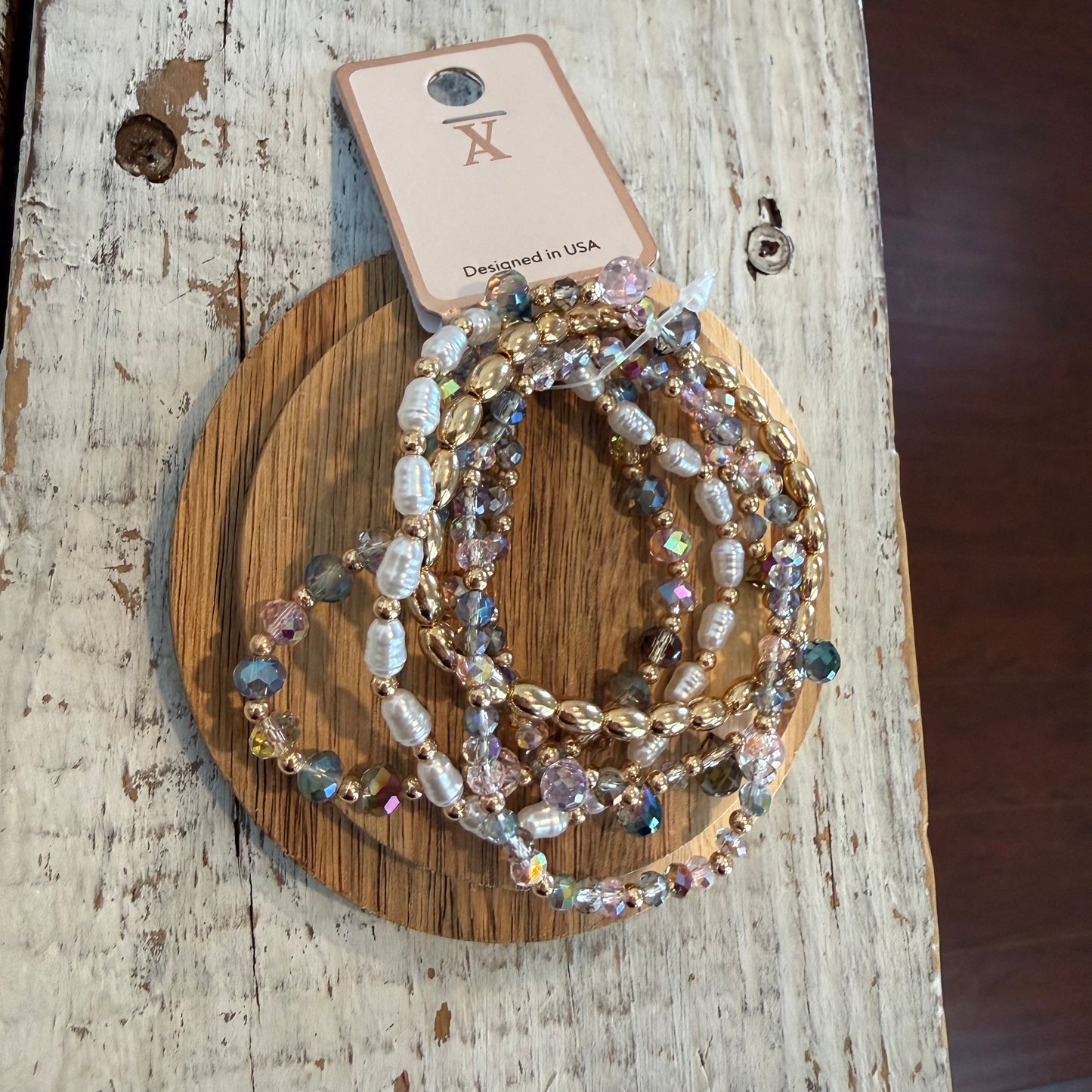 Set Of Five Beaded Stretch Bracelets Featuring Pearls, Metal Tones & Glass Crystal