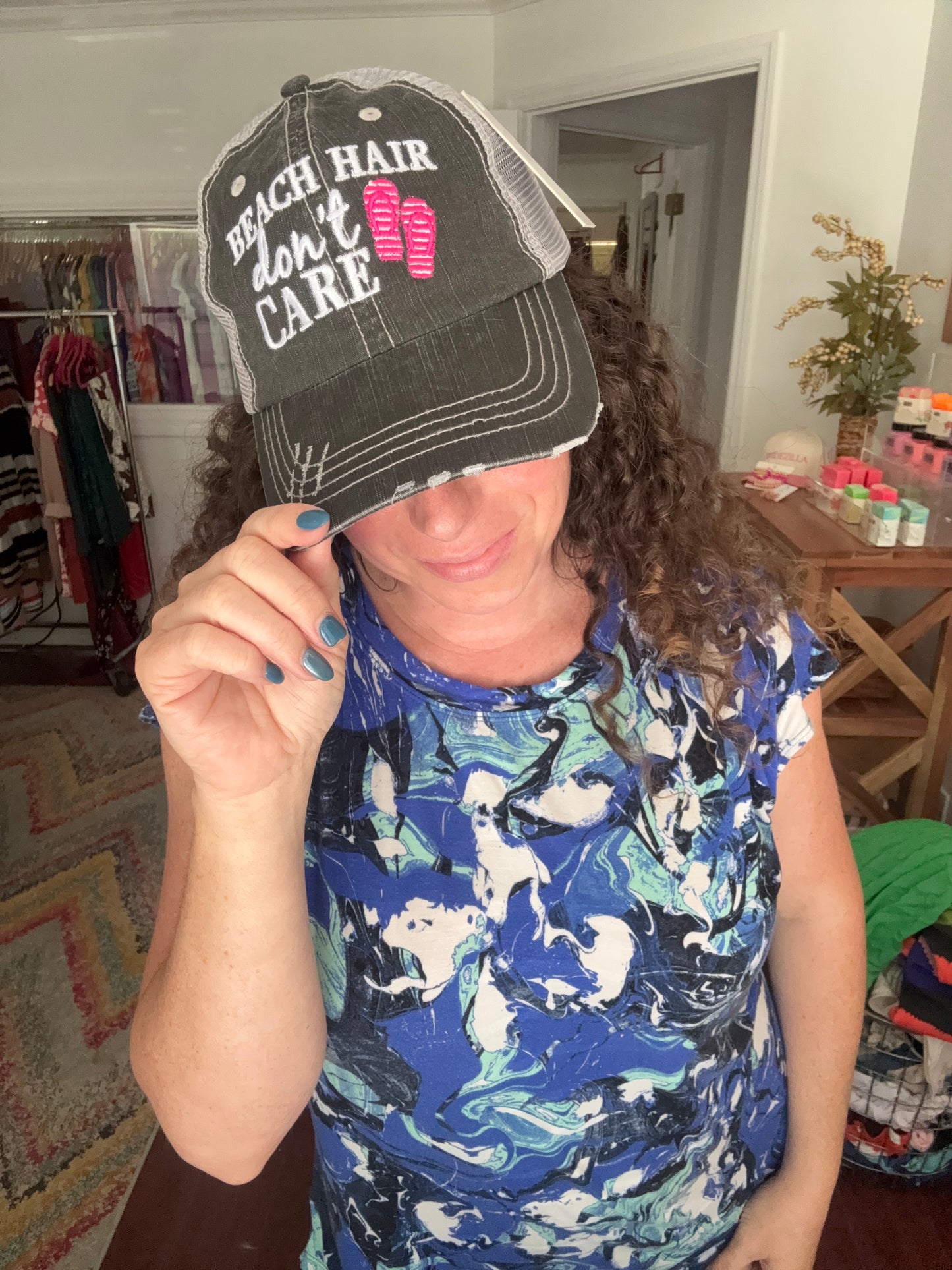 beach hair don't care baseball cap flip flops
