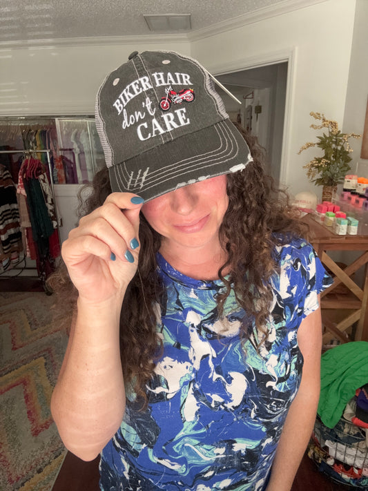 biker hair don't care baseball cap