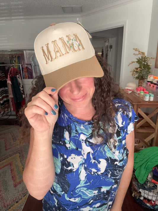 mama embroidered floral baseball cap in beige