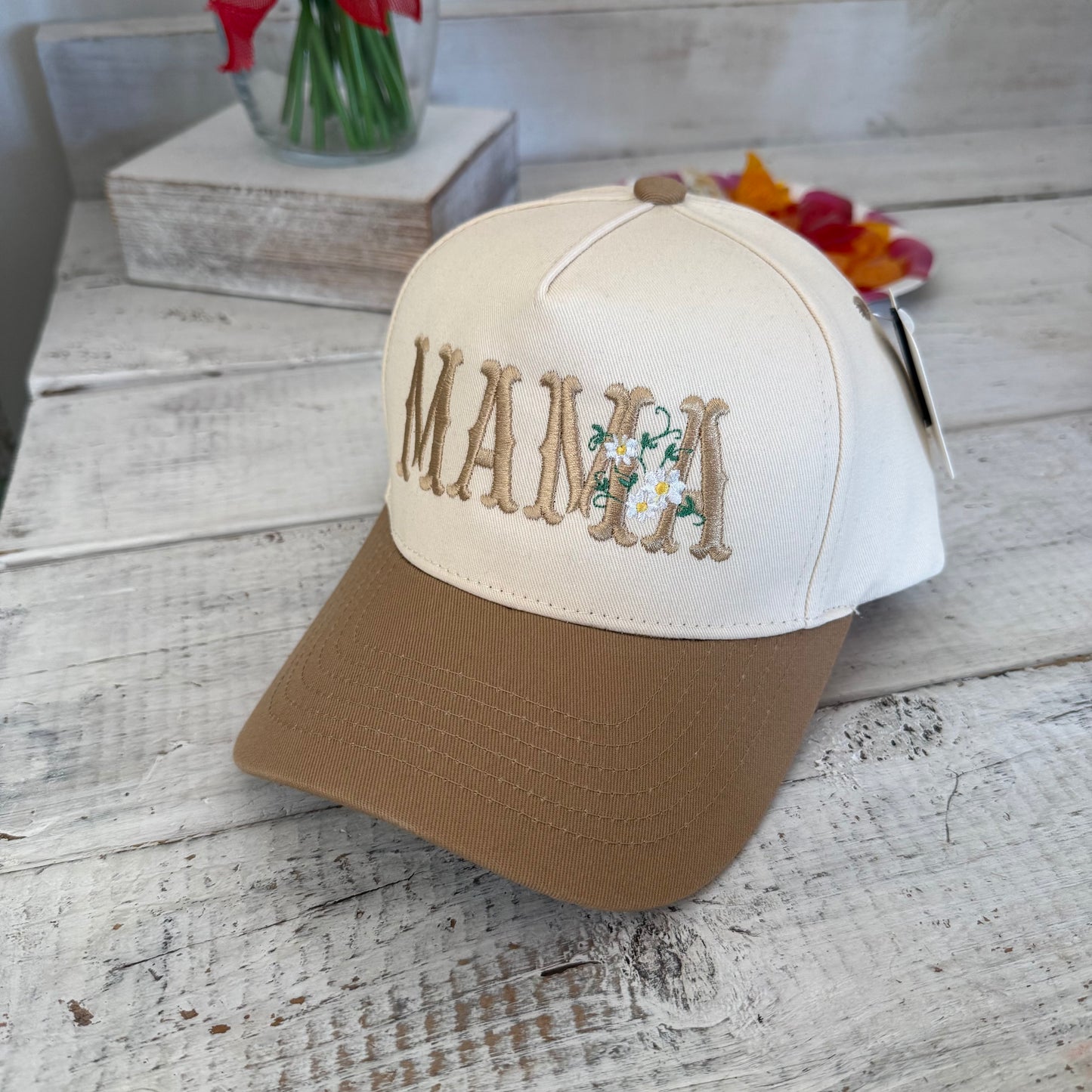 mama embroidered floral baseball cap in beige