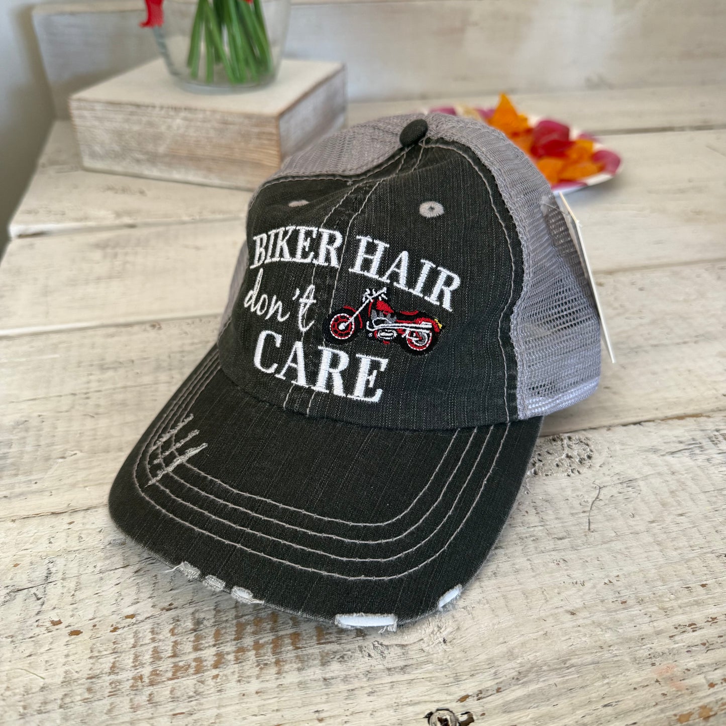 biker hair don't care baseball cap