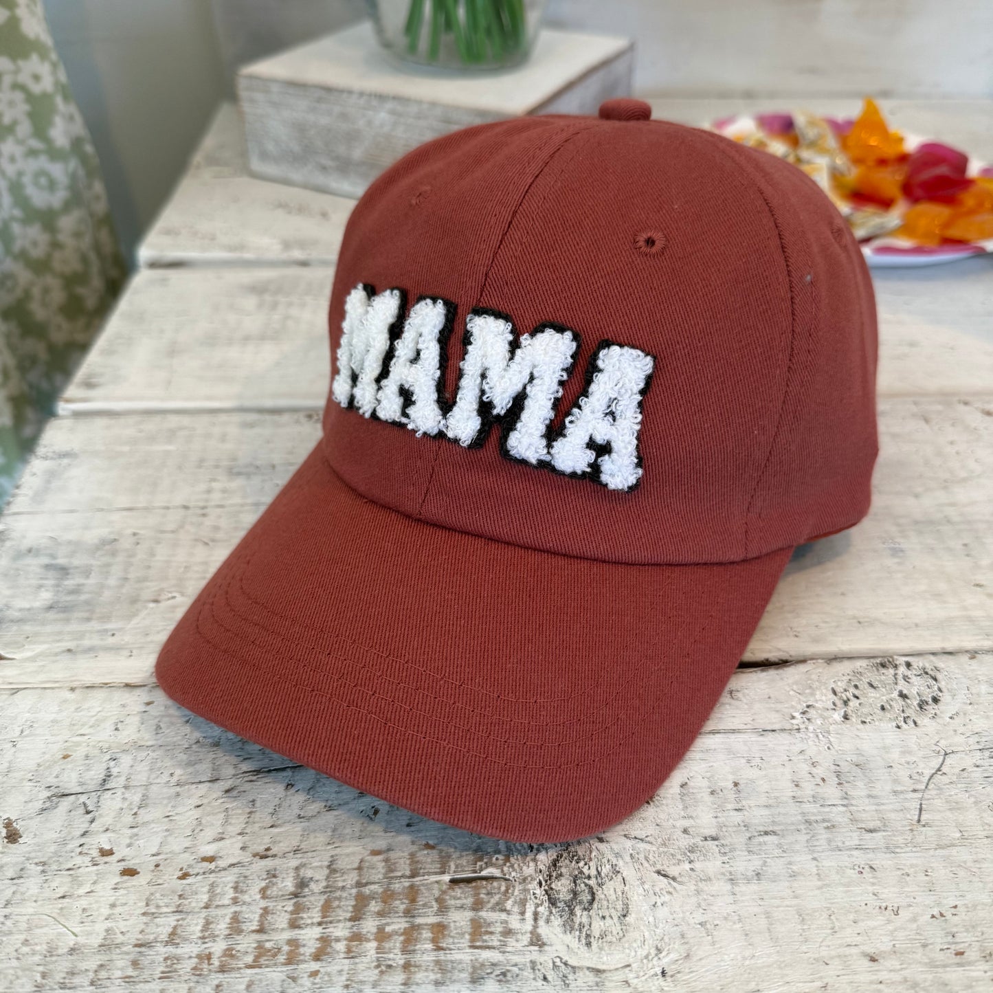 washed sherpa mama baseball cap in baked clay