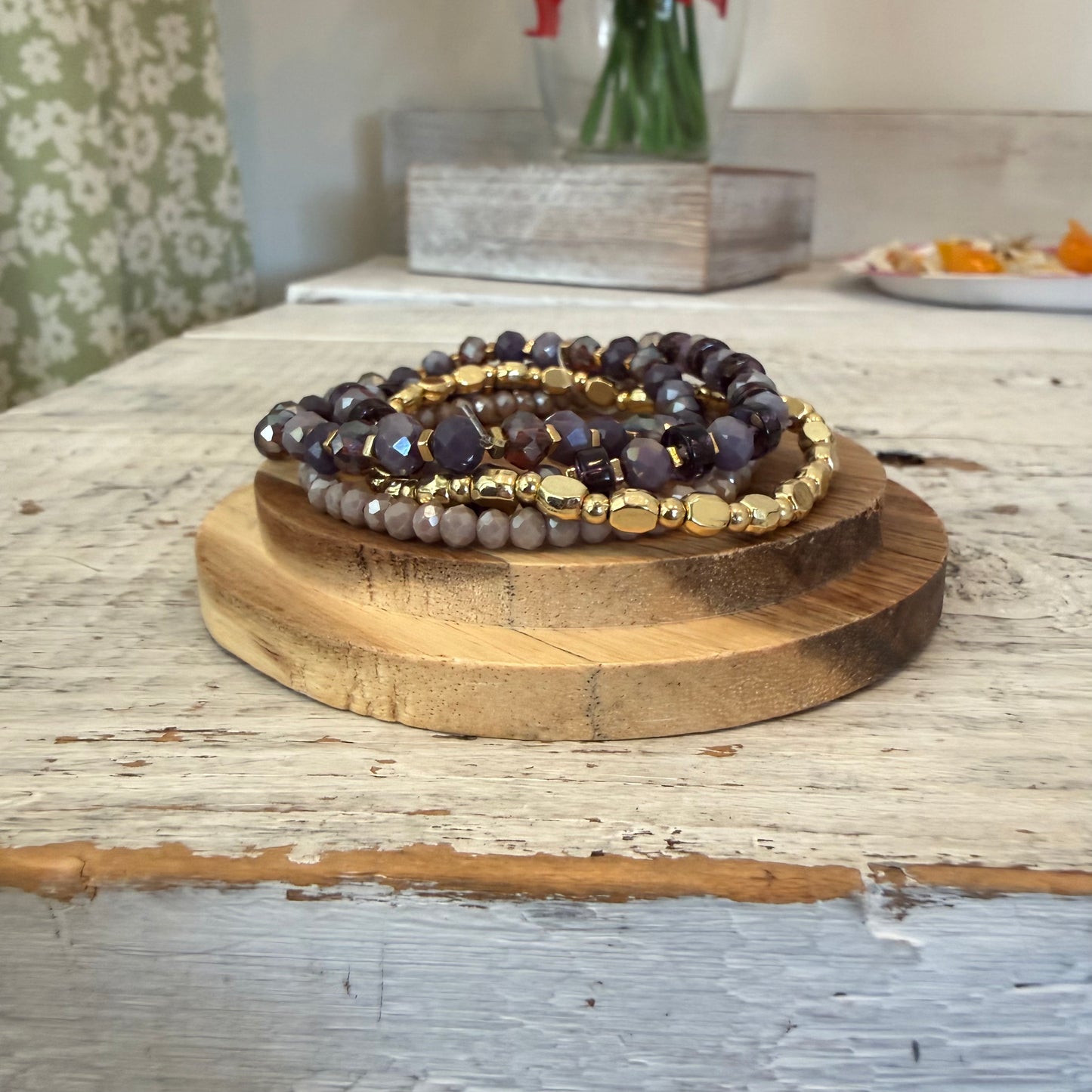amethyst quartz stack with faceted beads