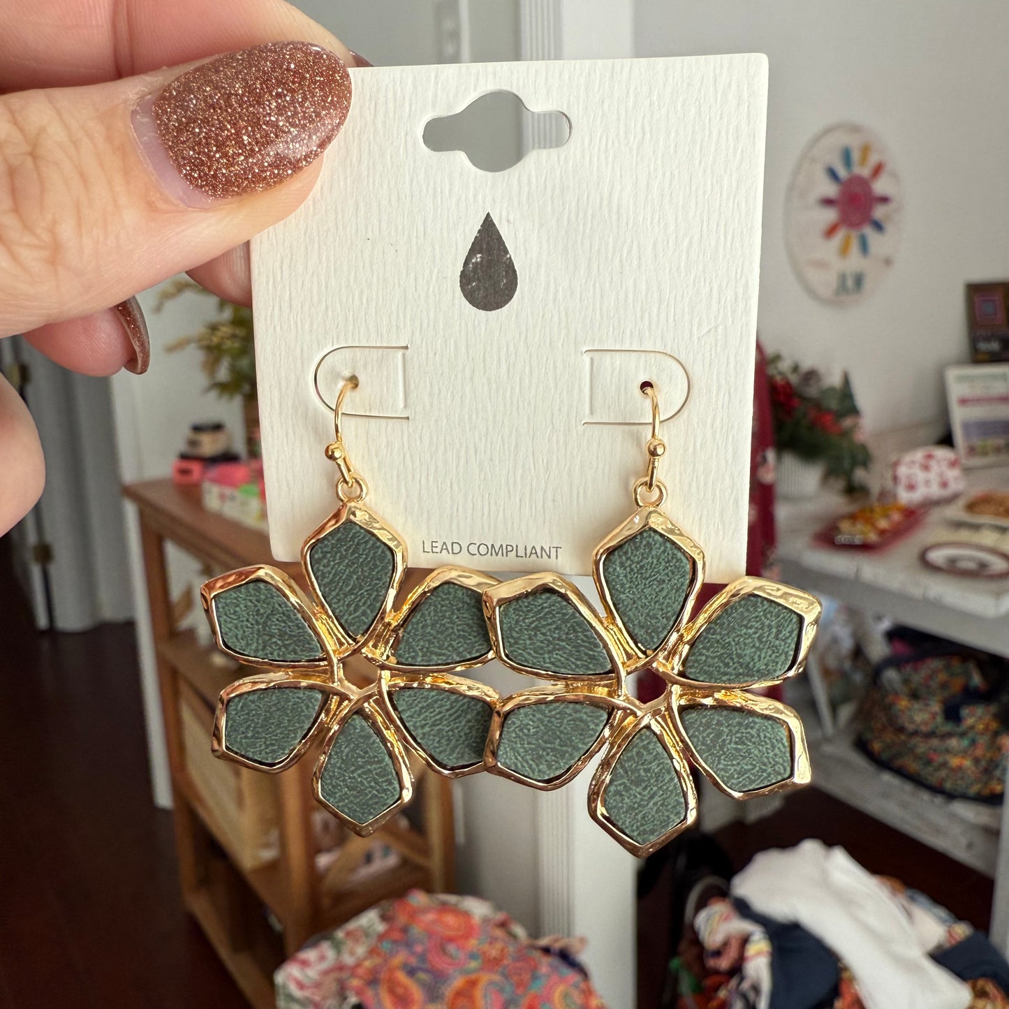 vegan leather flower drop earrings (olive)