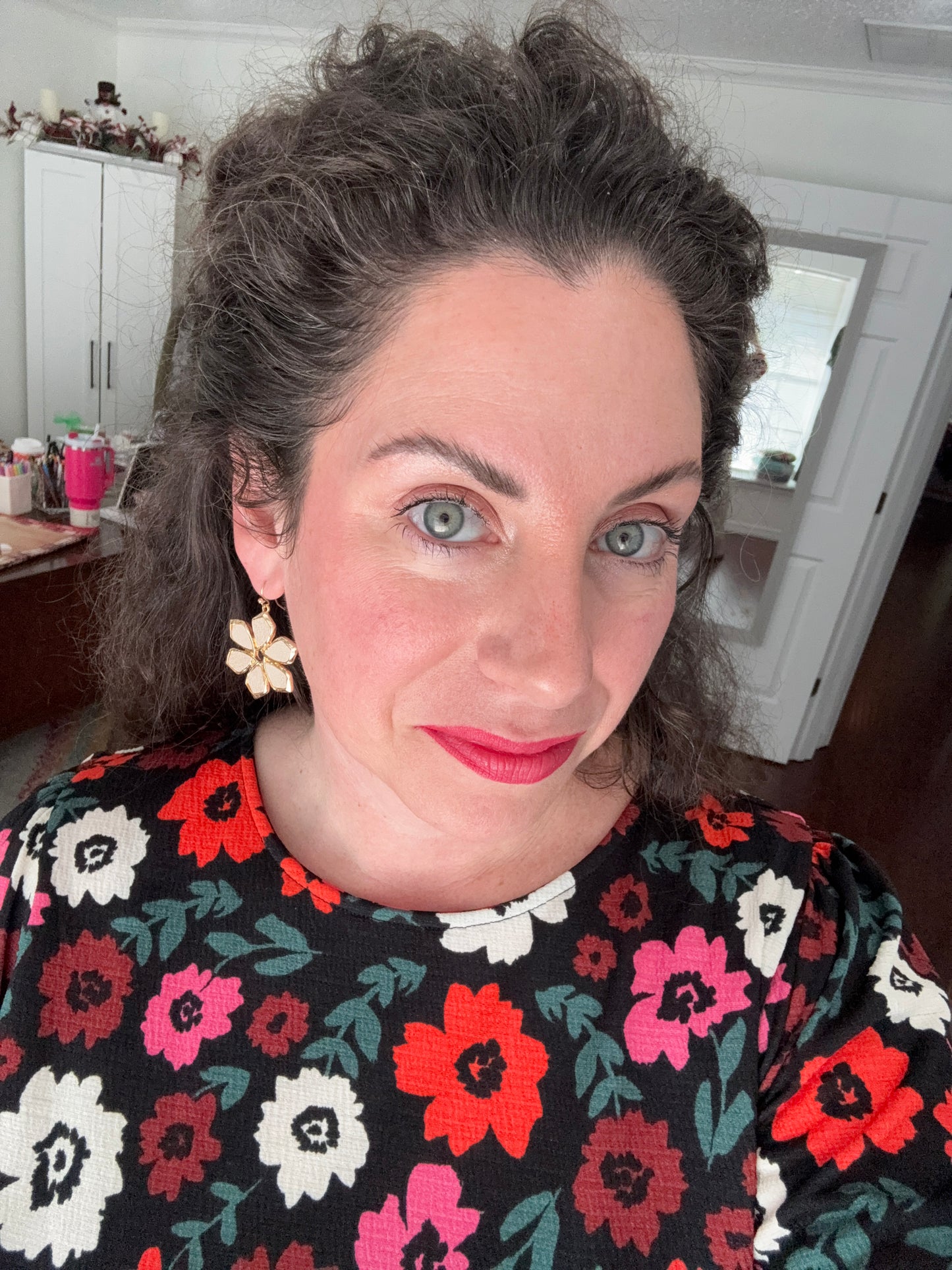 vegan leather flower drop earrings (olive)
