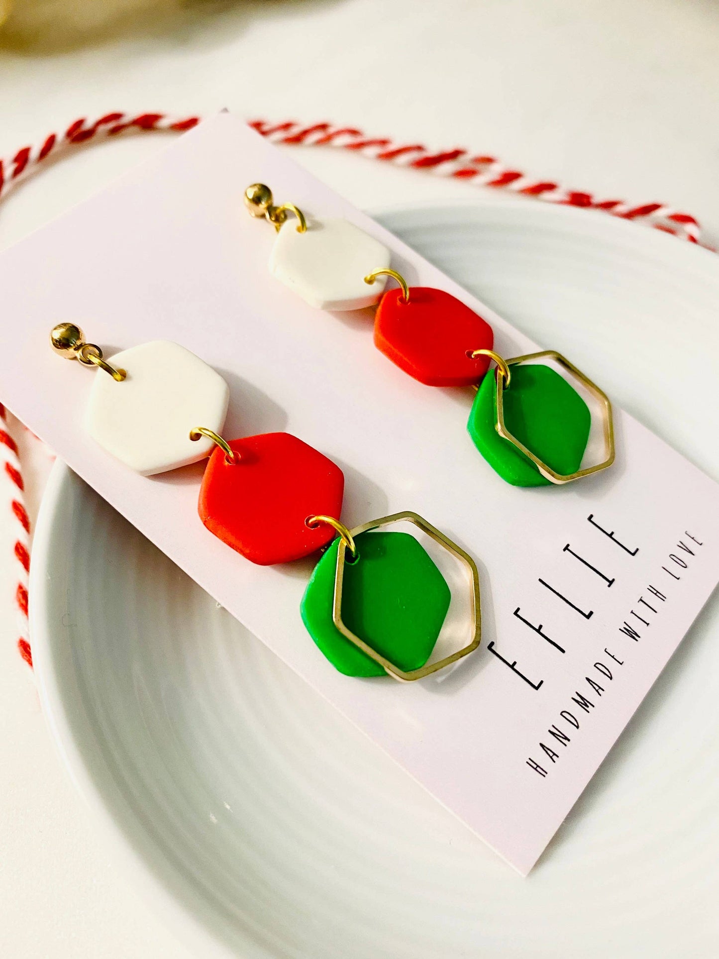 Christmas Dangling Statement Earrings in Red & Green Clay: Silver