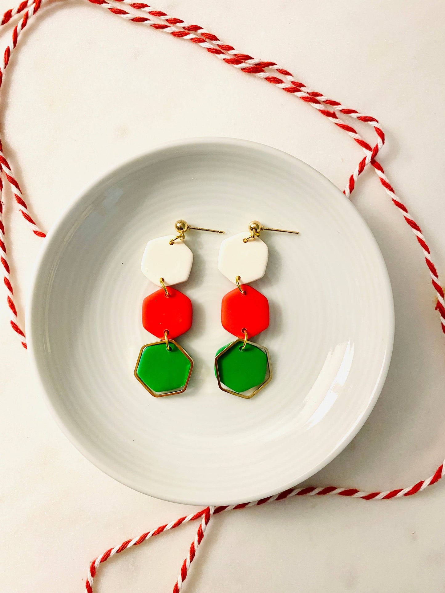 Christmas Dangling Statement Earrings in Red & Green Clay: Silver